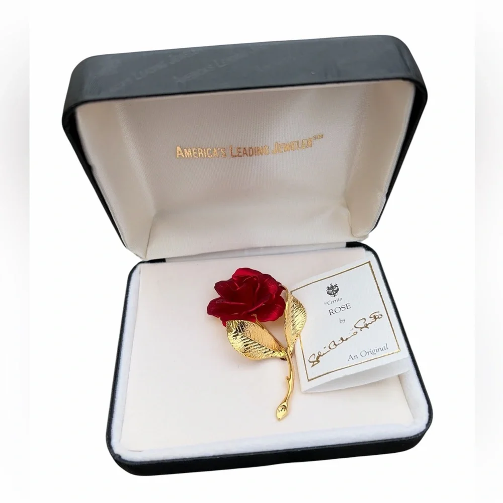Vintage Cerrito Red Rose Brooch Original Zales Box & Card